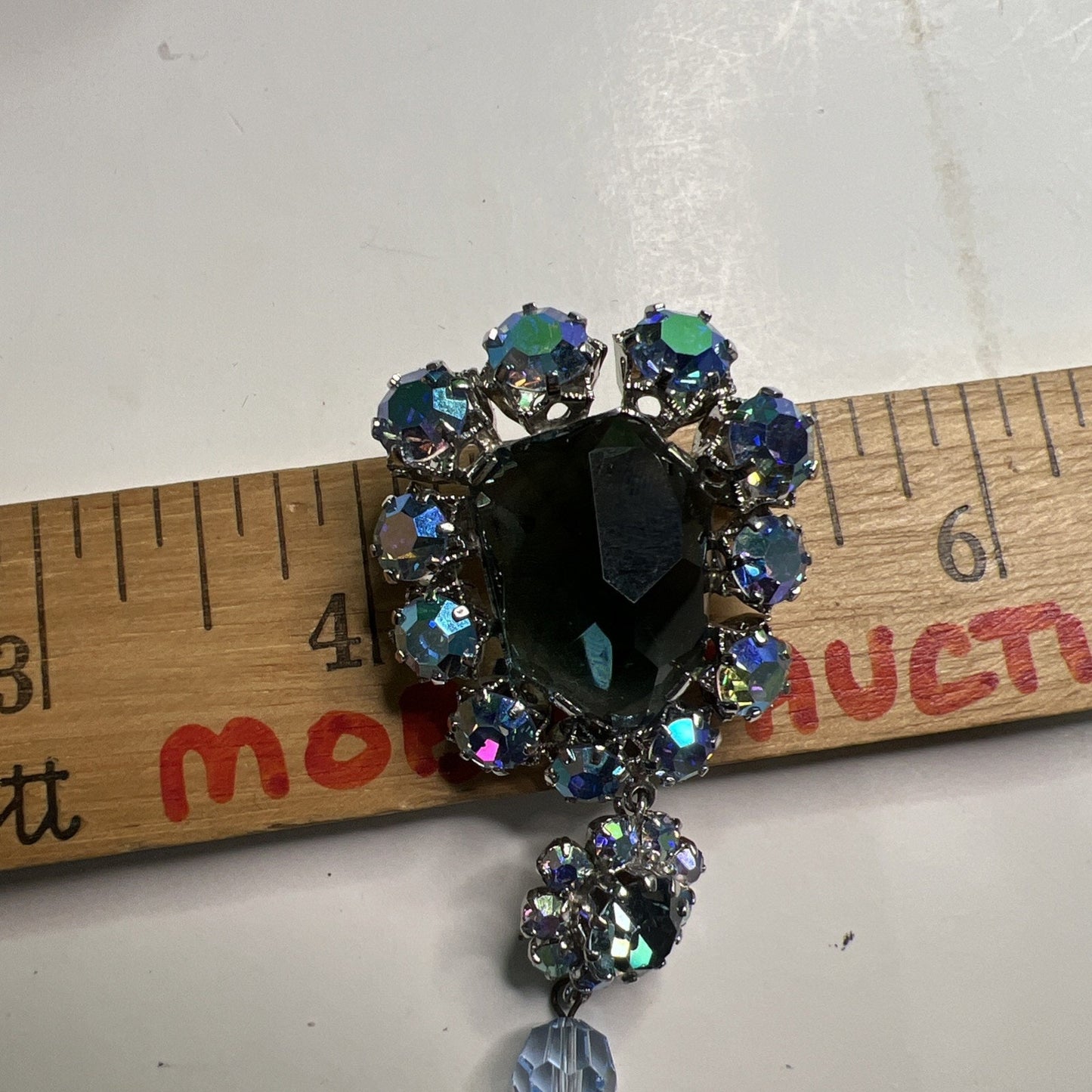 Vintage Austrian Brooch Asymmetrical Blue Green Rhinestones Statement Pin