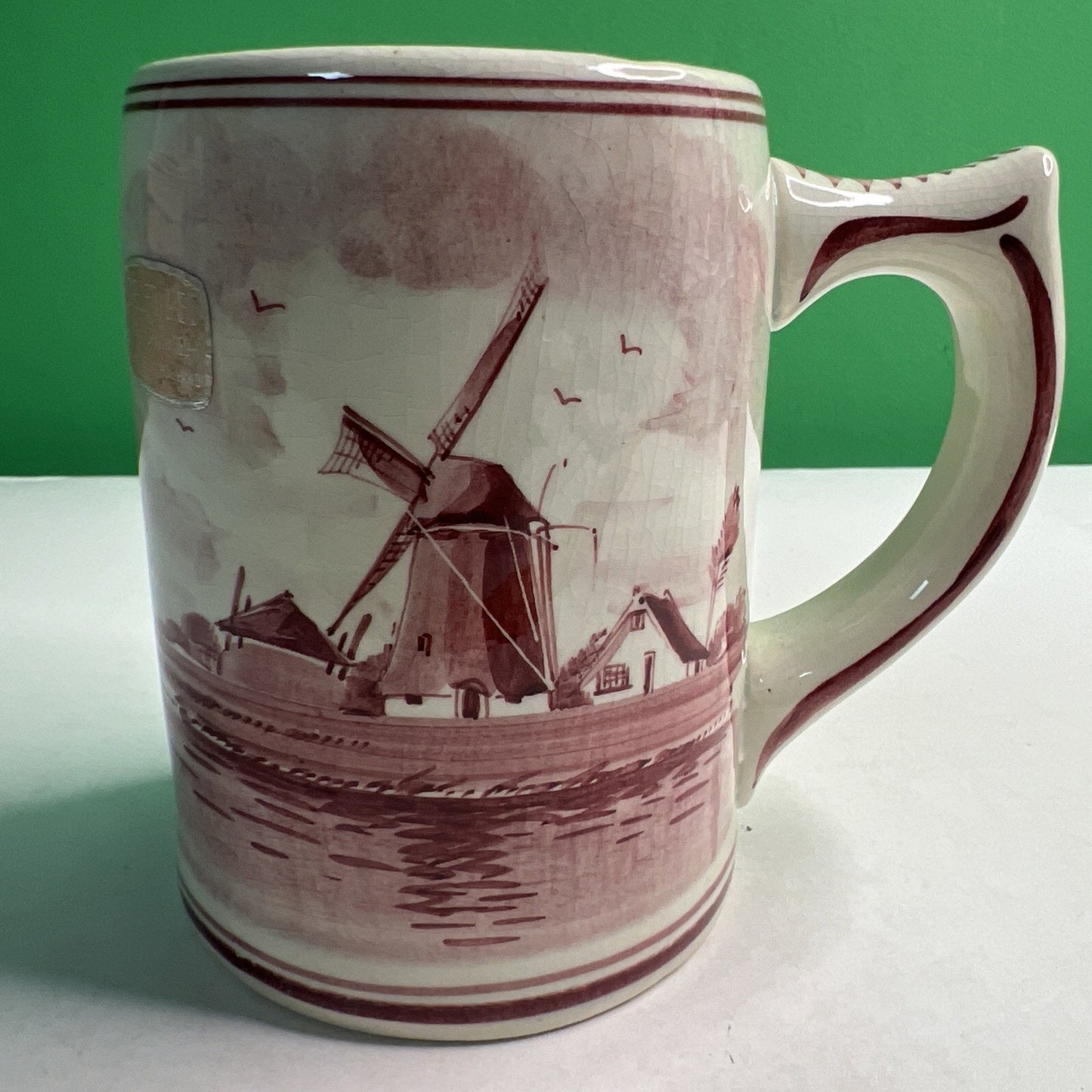 Vintage Hand Painted Delft Red Holland Dutch Windmill Stein Mug Original Sticker