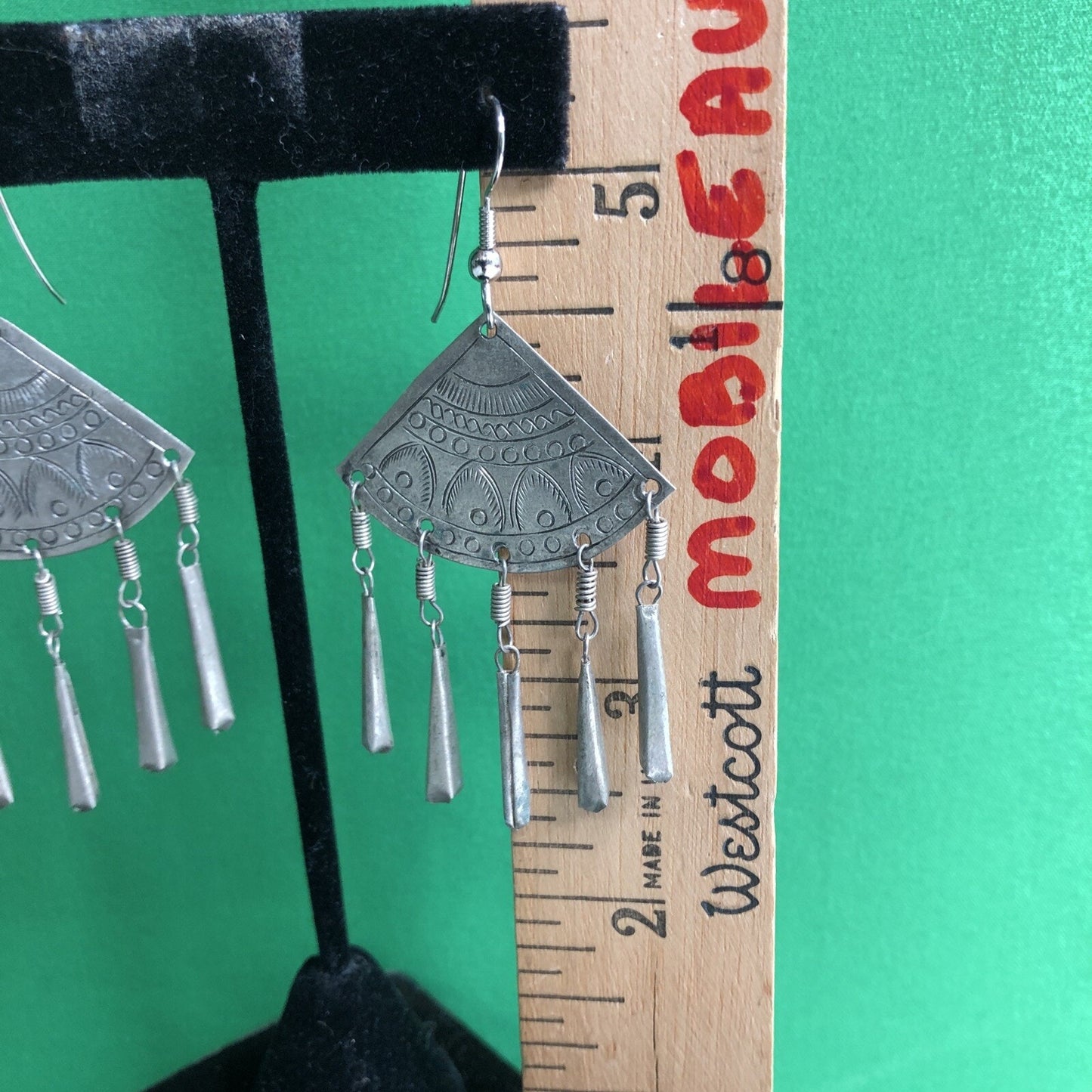 Vtg Mexican Silver Fan Dangles Drop Earrings Stamped Detail Pierced Hook Wire