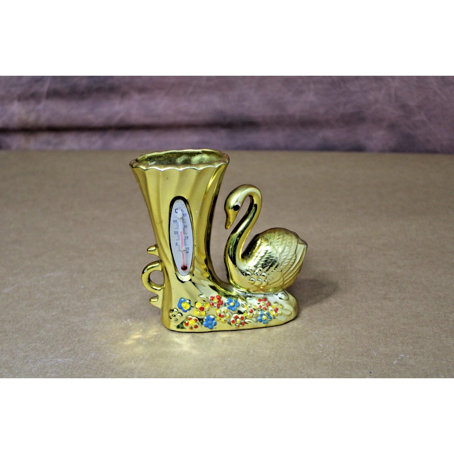 Vintage 1950s Anodized Gold Swan Thermometer Vase, Ceramic, Kitsch, MCM, 5 "H