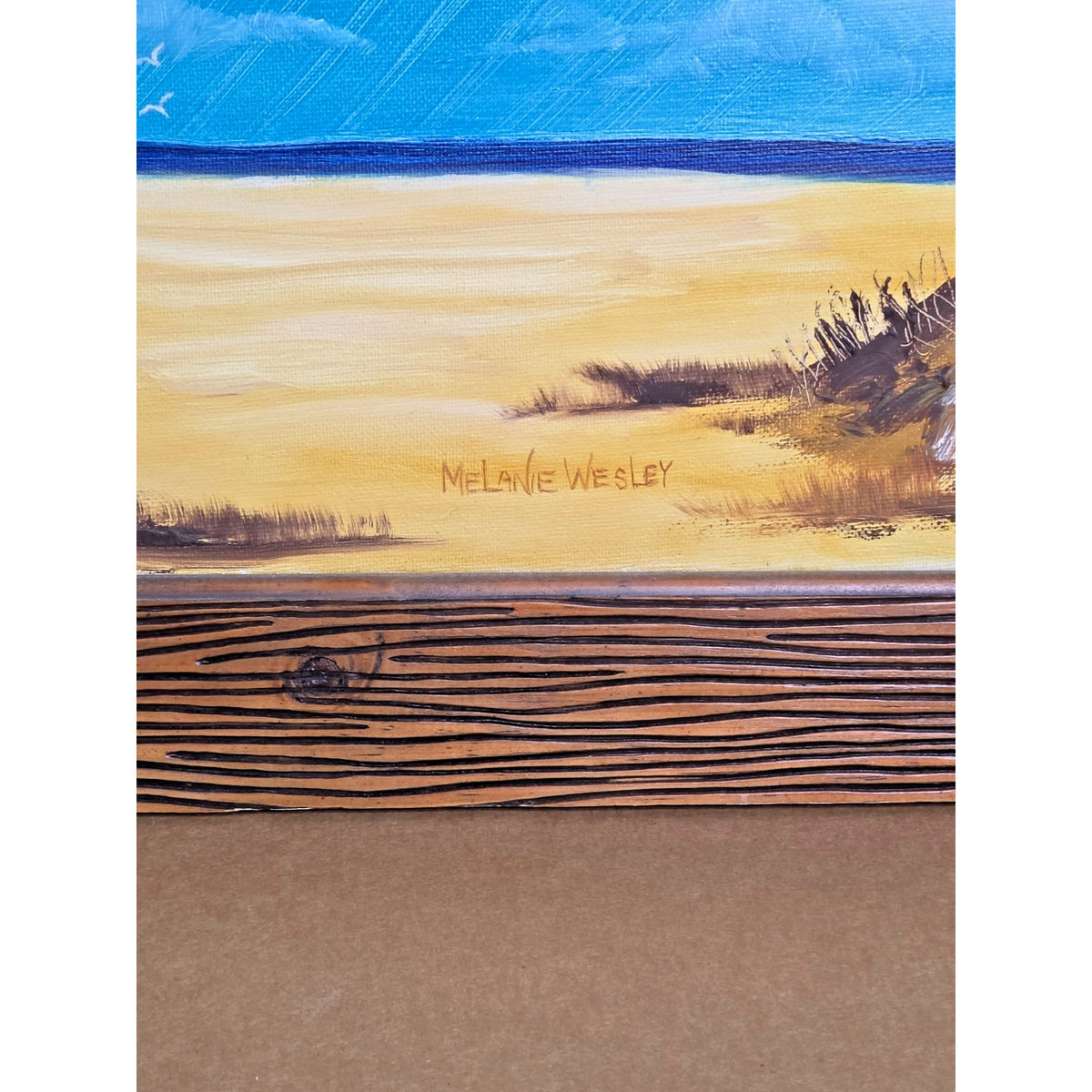 Vintage 1974 Melanie Wesley Signed Coastal Impasto Painting - Rustic Bark Frame