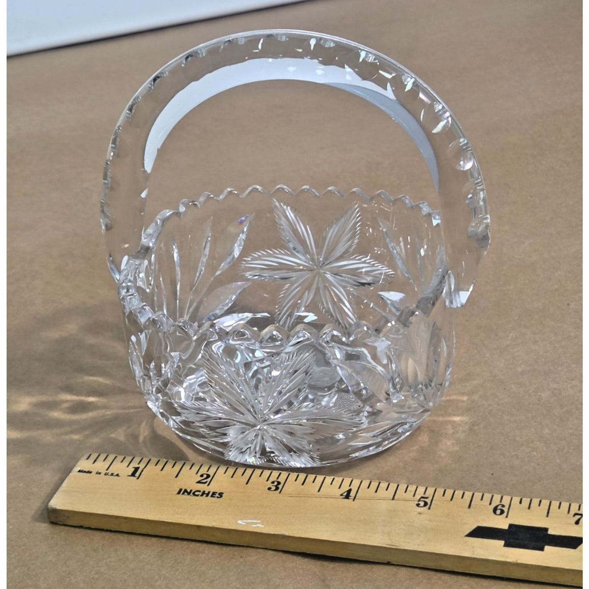 Vintage Hand-Cut Lead Crystal Basket - Bohemian Pinwheel & Leaf Star - 6 Inch