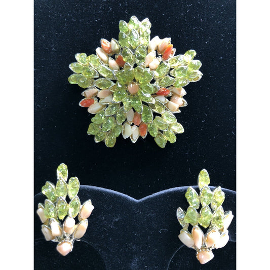 Vintage Signed 11 W 30th St Inc Brooch & Clip On Earring Set Pin Green Coral
