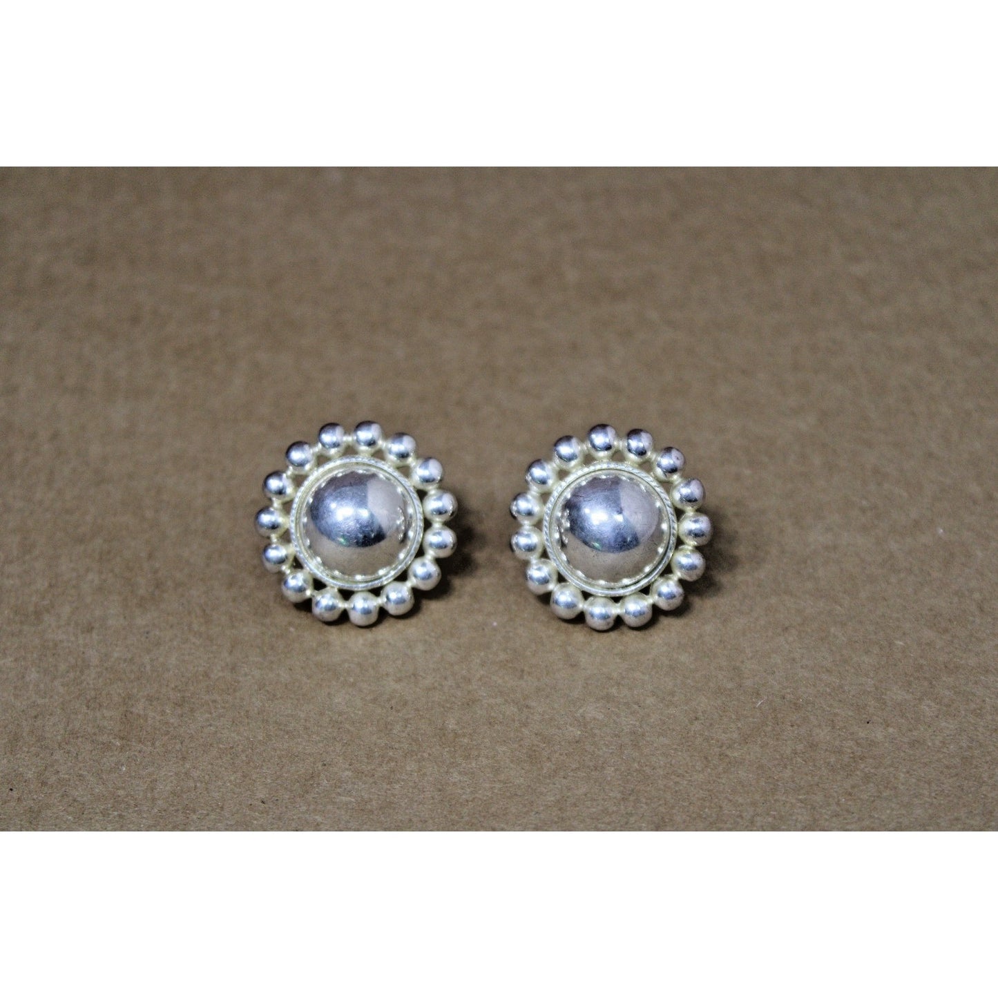 Vintage Clip-on Silvertone Polished Button Earrings with Beaded Edges, 1.25" W
