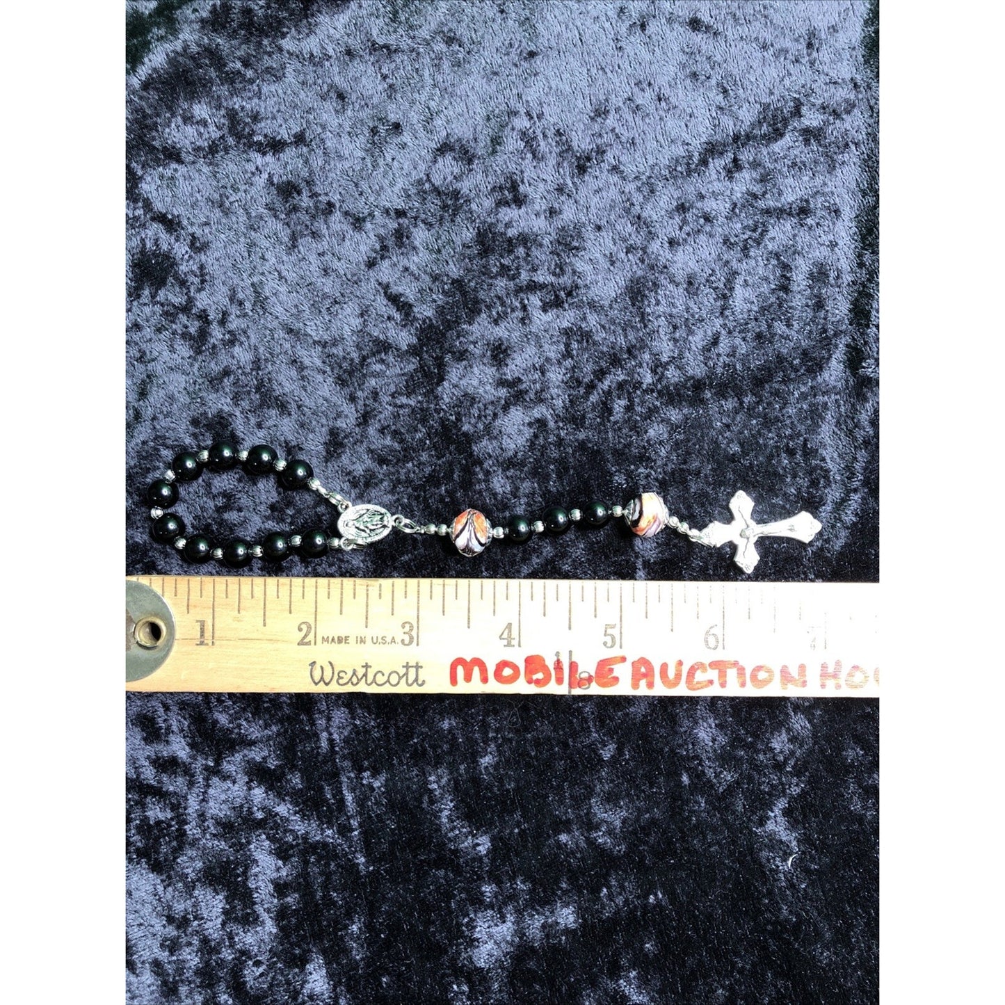 Small Auto Pocket Rosary Glass Beads Italian Charm Cross 7” Long