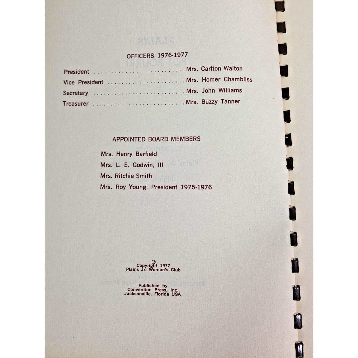 Vintage 1977 Plains Pot-Pourri Cookbook - Jimmy Carter Family Recipes Comb Bound