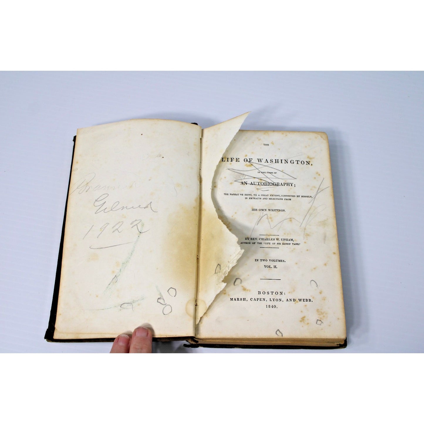 Rare 1840 Autobiography: The Life Of George Washington, Volume II, Rev. Upham