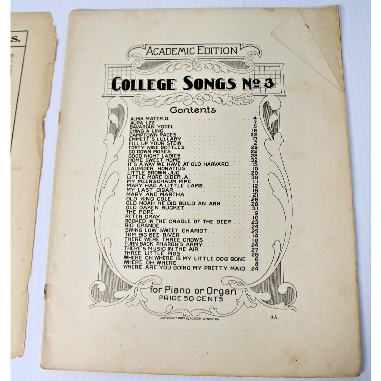 Antique 1907 "College Songs" Sheet Music Collection No. 3 Piano Vocal Complete