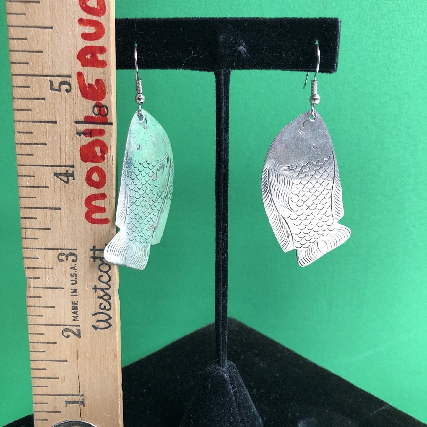 Vtg Mexican Silver FISH Dangle Drop Earrings Pierced Hook Wire Stamped Detail