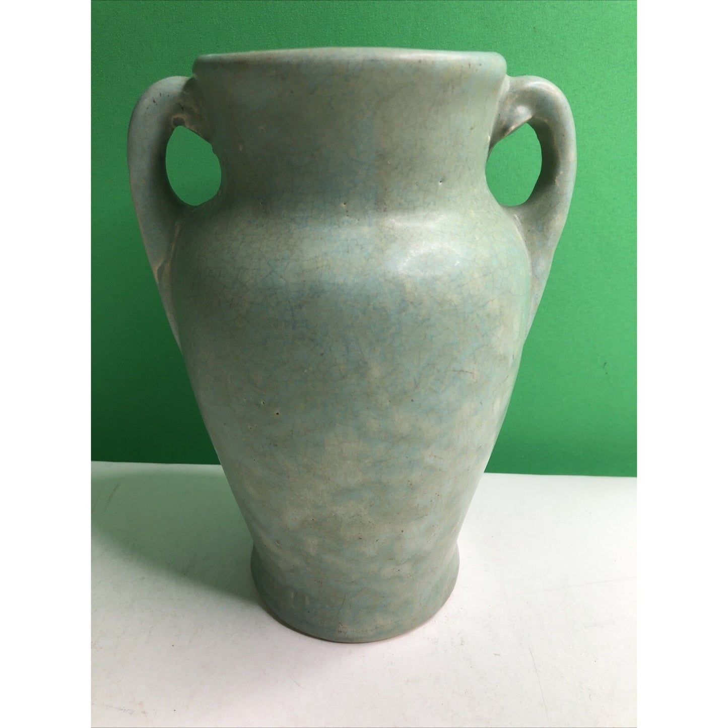 Brush McCoy 1930s Vintage Art Deco Pottery Mottled Green Cream Ceramic Vase