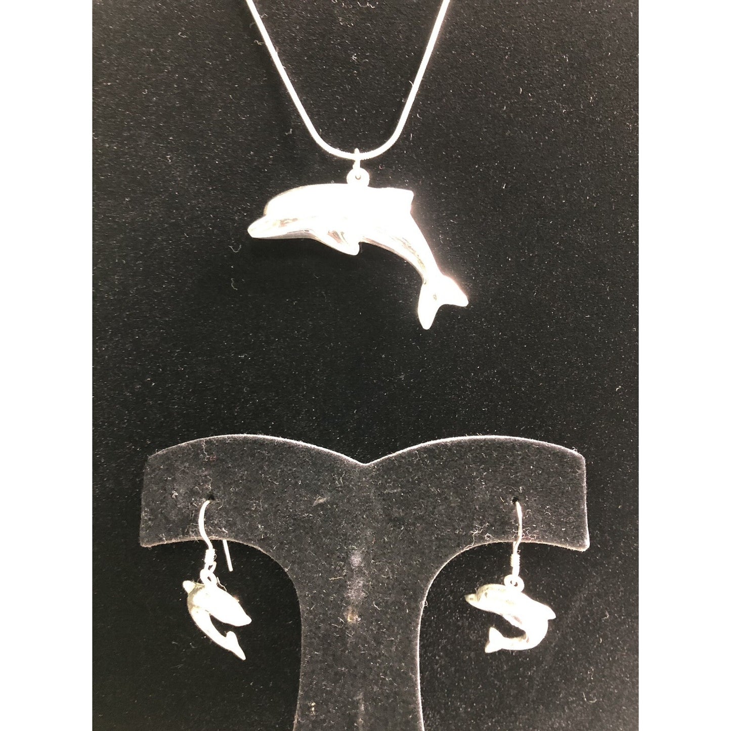Sterling Silver 24” Snake Chain Large Dolphin Pendant & Hook Earrings Set