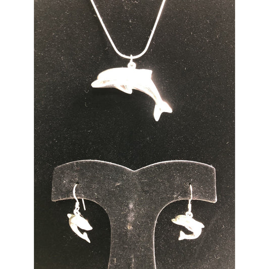 Sterling Silver 24” Snake Chain Large Dolphin Pendant & Hook Earrings Set