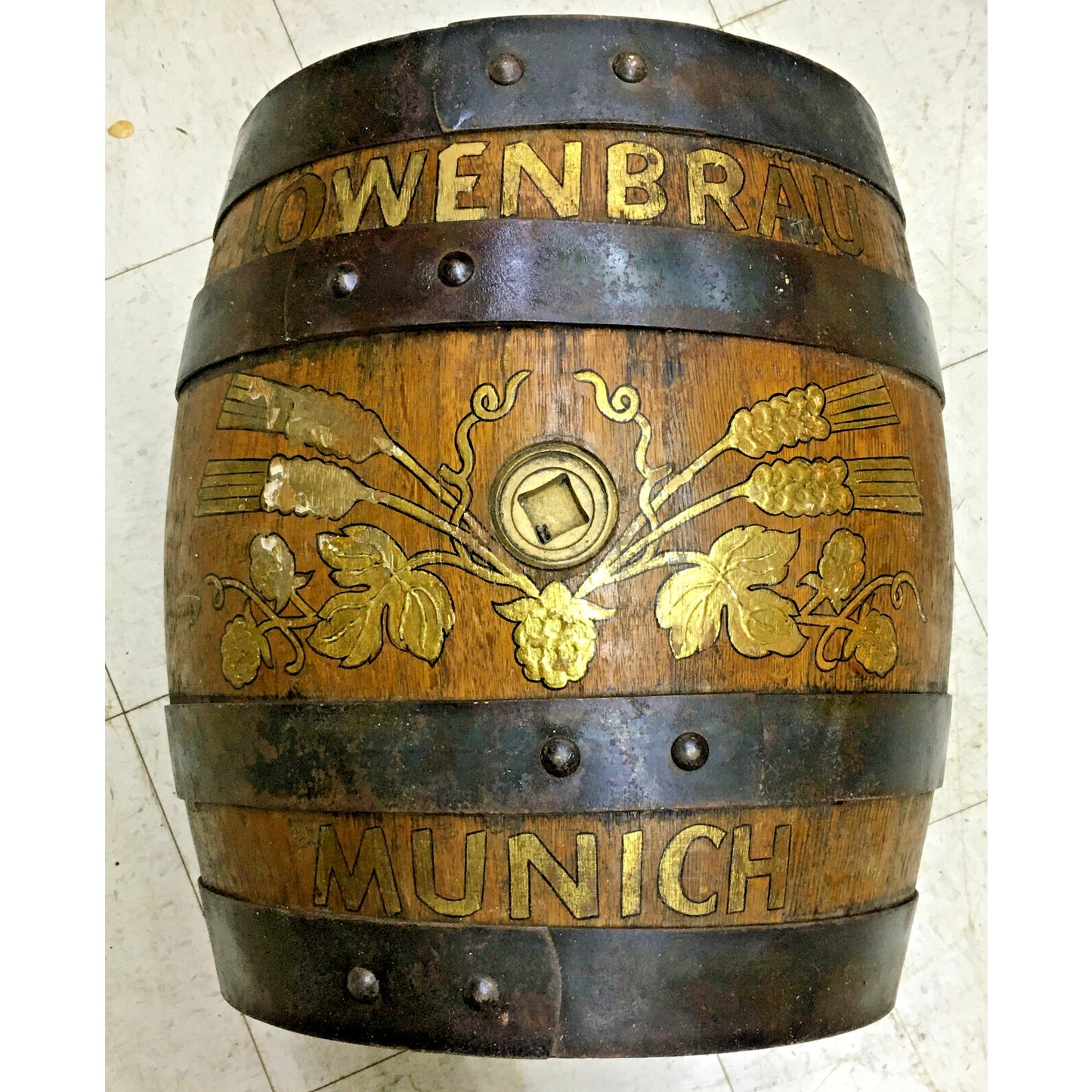 Vintage German Lowenbrau Hand Painted Wooden Beer Barrel- Munich, Germany