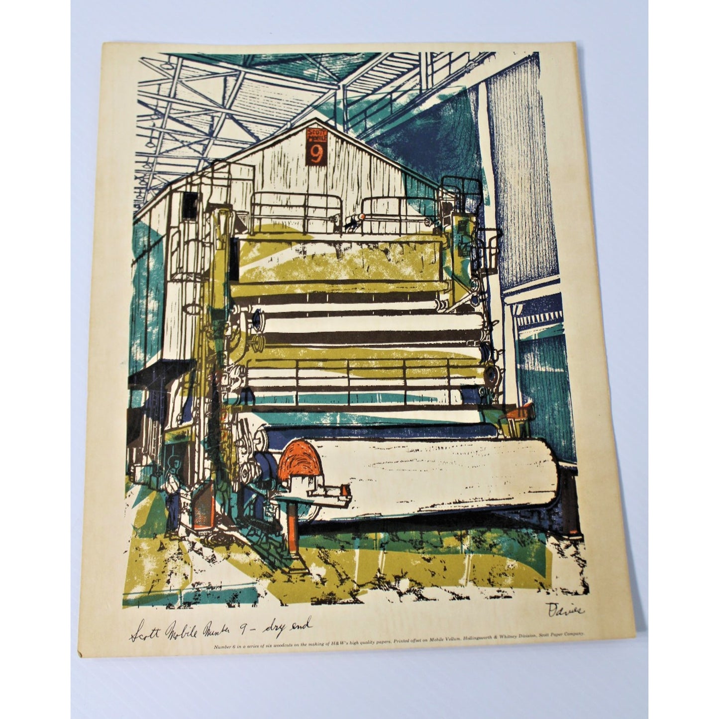 Vintage Woodcut by Ted Davies- Scott Paper Co, Number 9, Mobile, AL 14" x 11.25"