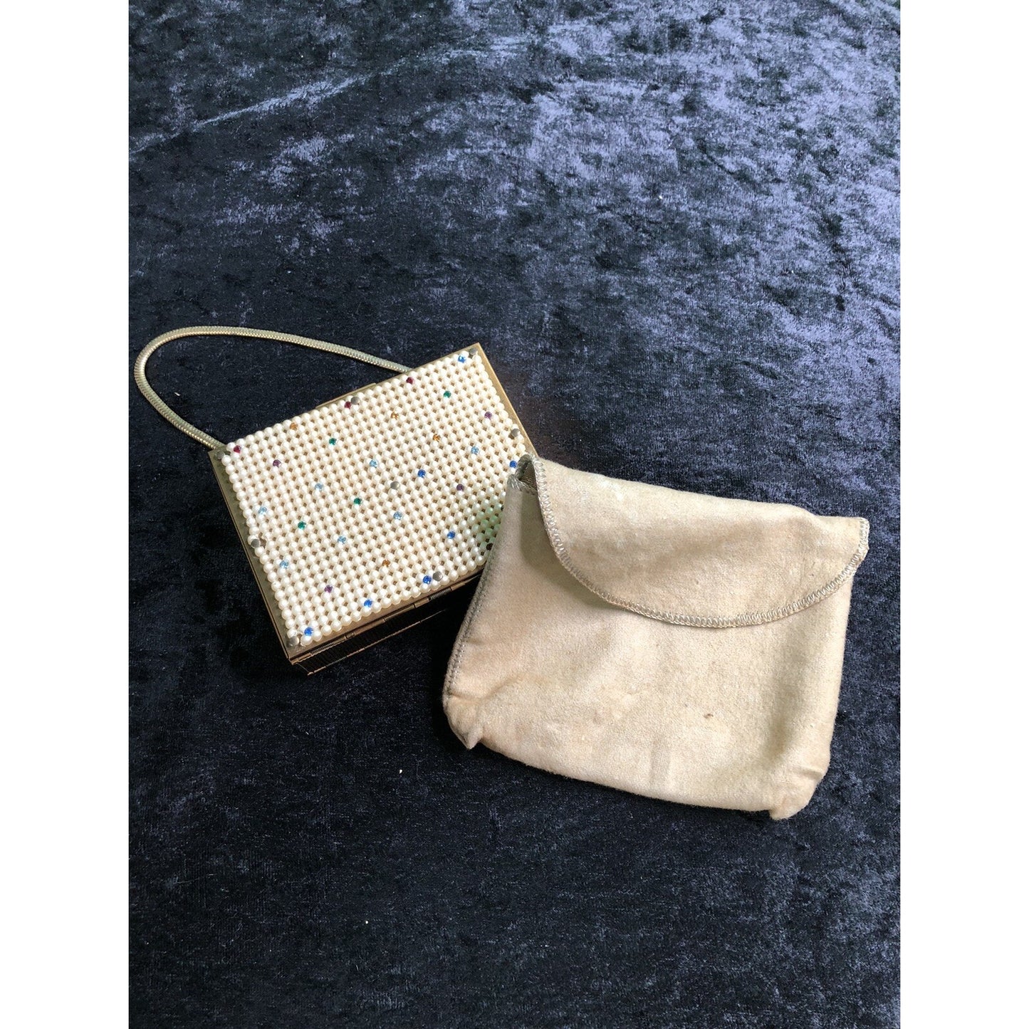 Vintage Minaudiere Metal Box Purse W/ Powder Lipstick Comb Mirror Evening Bag