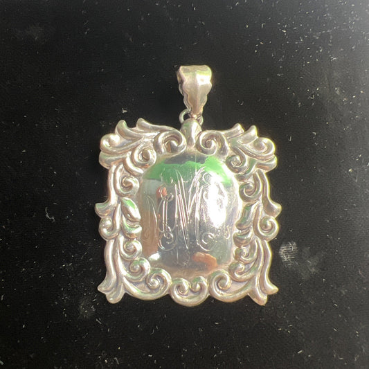 Vintage Sterling Silver Shield Medallion Pendant Monogrammed