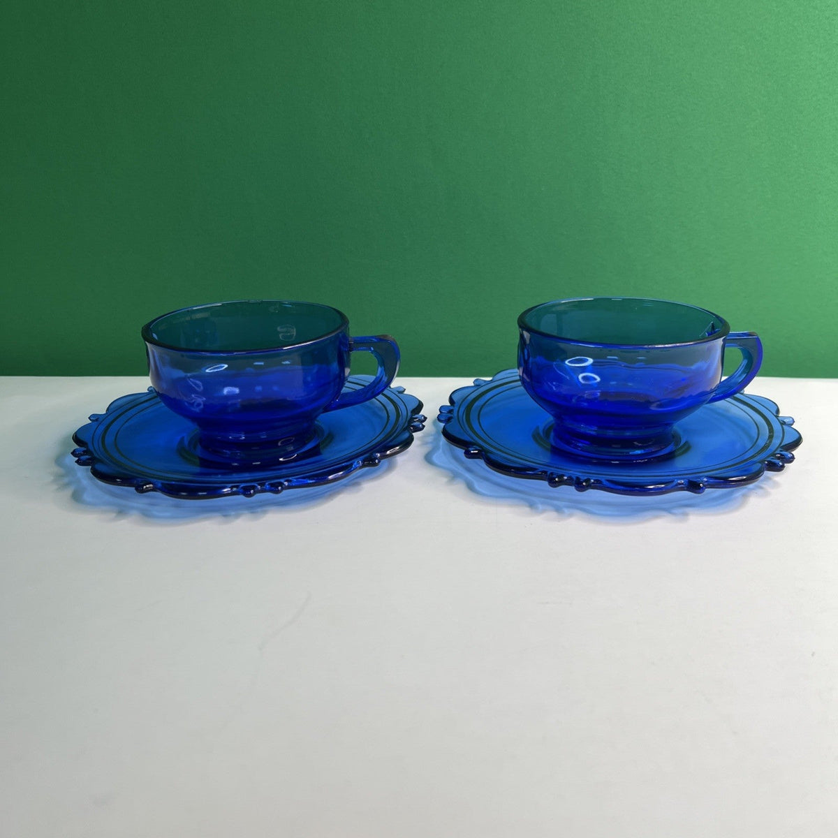 Two (2) L E Smith Mt Pleasant Cobalt Blue Cups & Saucers Vintage Pair