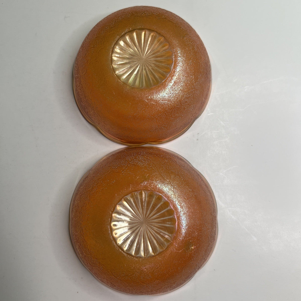 Pair Vintage Jeanette Marigold Iridescent Berry Bowls Crackle Carnival Glass 4"