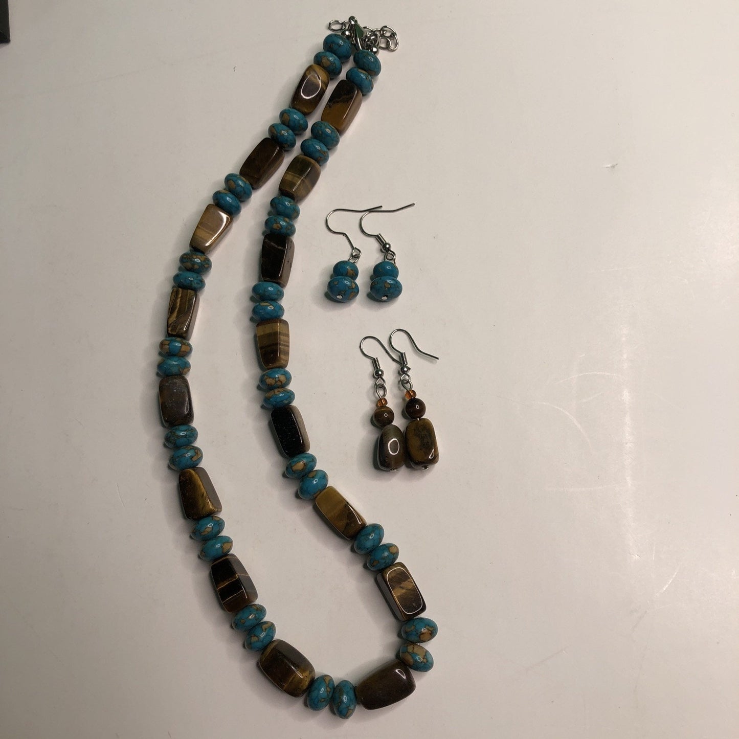 Turquoise & Tigereye Necklace + 2 Pair Earrings Wheeler’s Genuine Gemstone Jewel