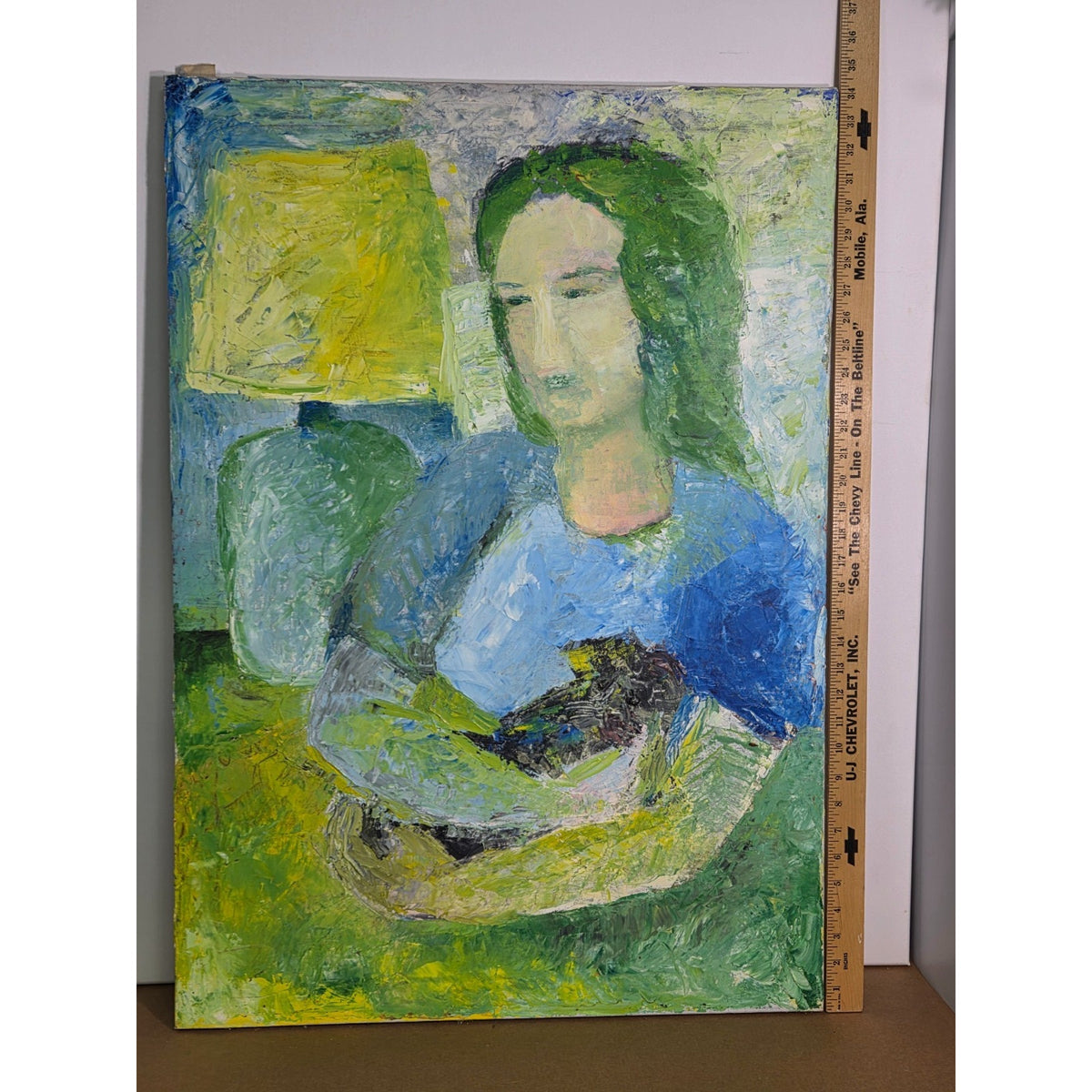Vintage Mid-Century Impasto Portrait - Woman with Black Cat - 24"x34" Painting