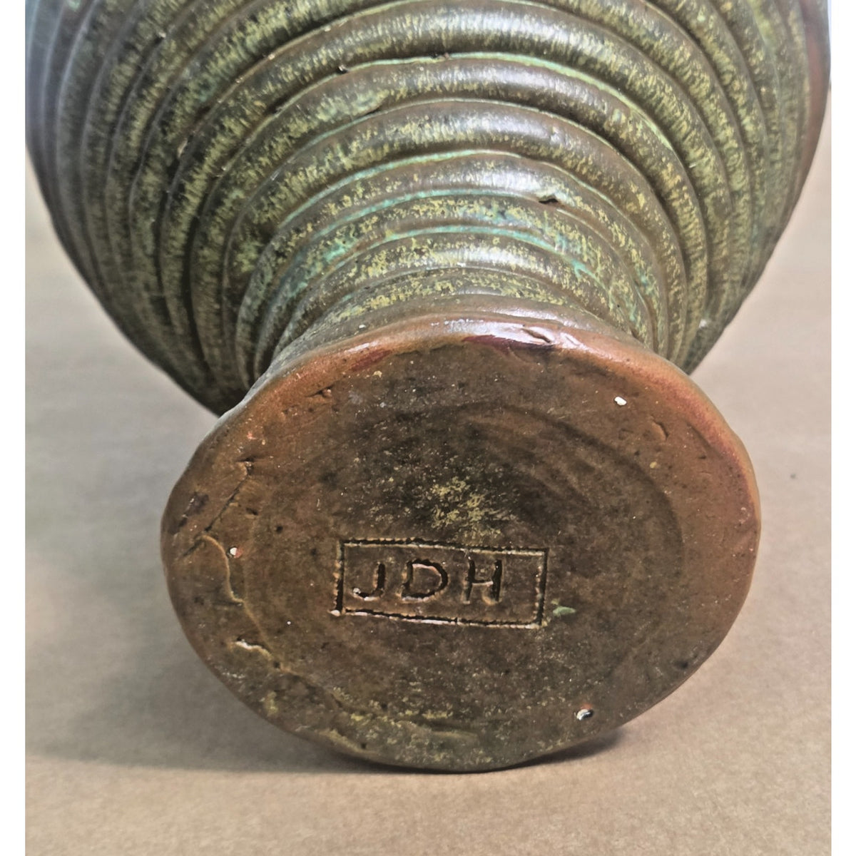 Vintage JDH Brutalist Hand-Coiled Studio Art Pottery Vase – Green & Bronze Drip