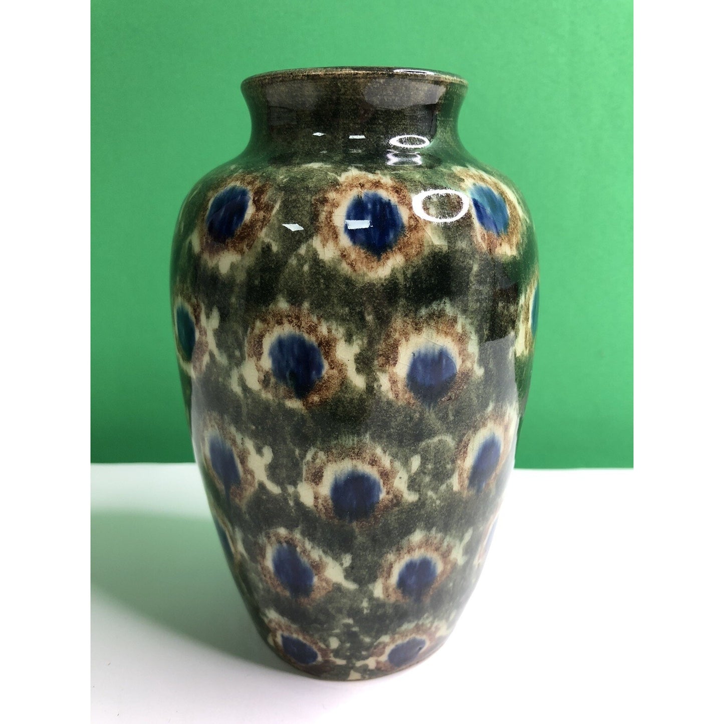 Early 1900s Antique FRIEDRICH FESTERSEN BUNZLAU PEACOCK Studio Art POTTERY VASE