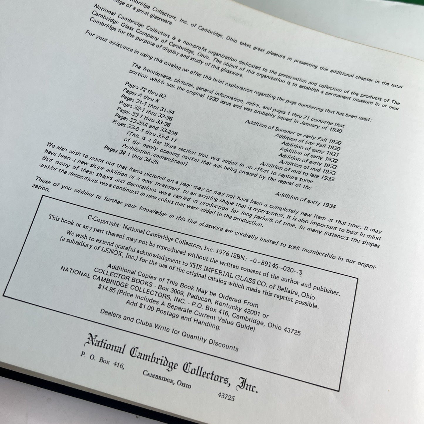 1976 The Cambridge Glass Co Catalog Hardcover Book w/ 1982 Price Guide