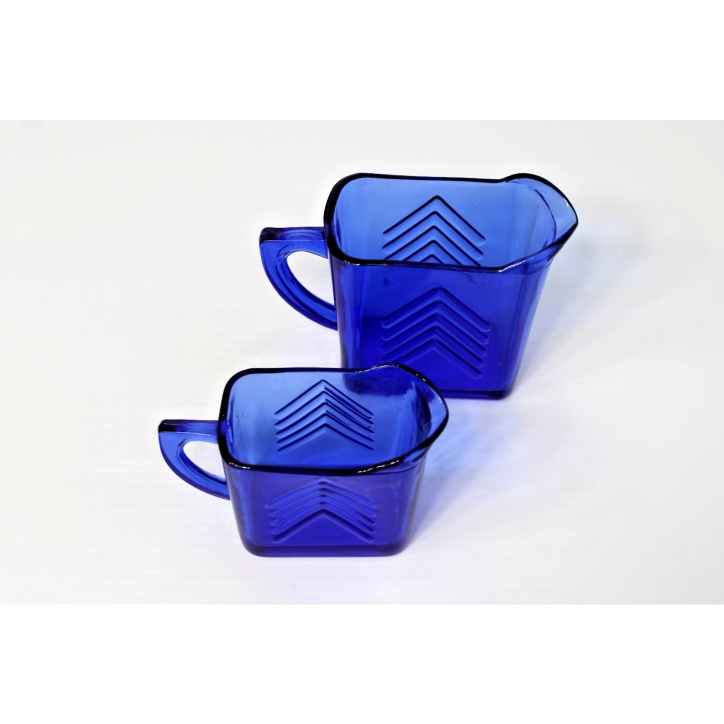 Vintage 1930s Hazel Atla Cobalt Glass, Blue Art Deco Milk & Creamer Chevron Set