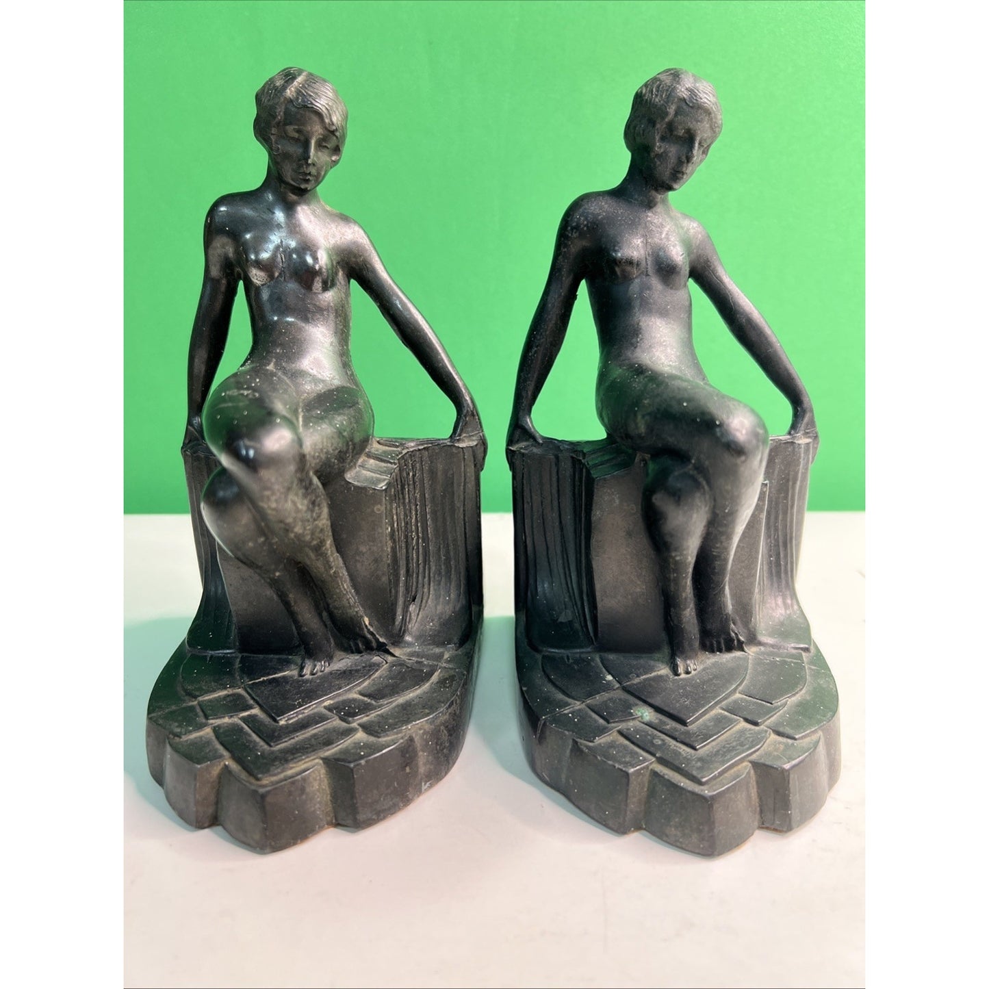 Art Deco 1930's Pair of Nude Flapper Girls Spelter Metal Bookends