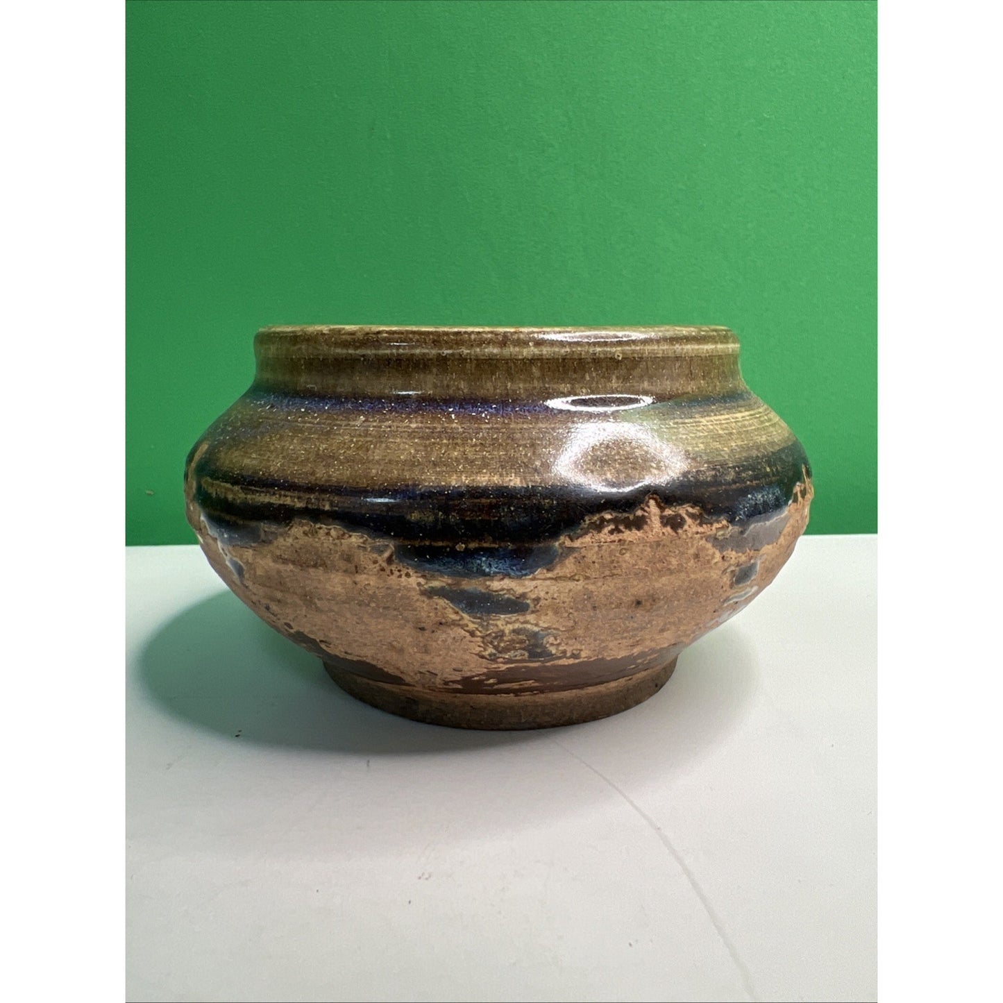 Studio Art Pottery Ceramic Blue Purple Brown Hues Drip Glazed Vintage Pot Bowl