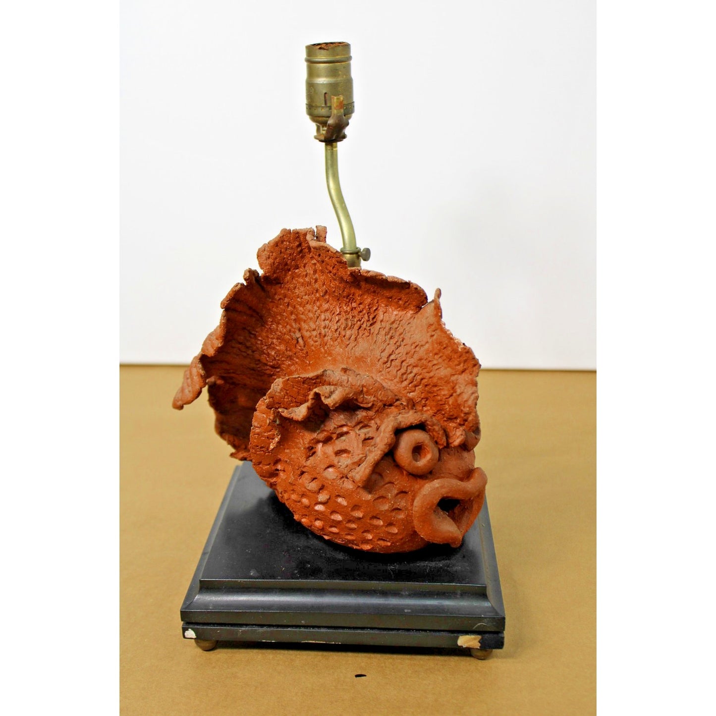 Artisan-made Pottery Terracotta Figural Reef Fish Lamp on Black Base, Untested
