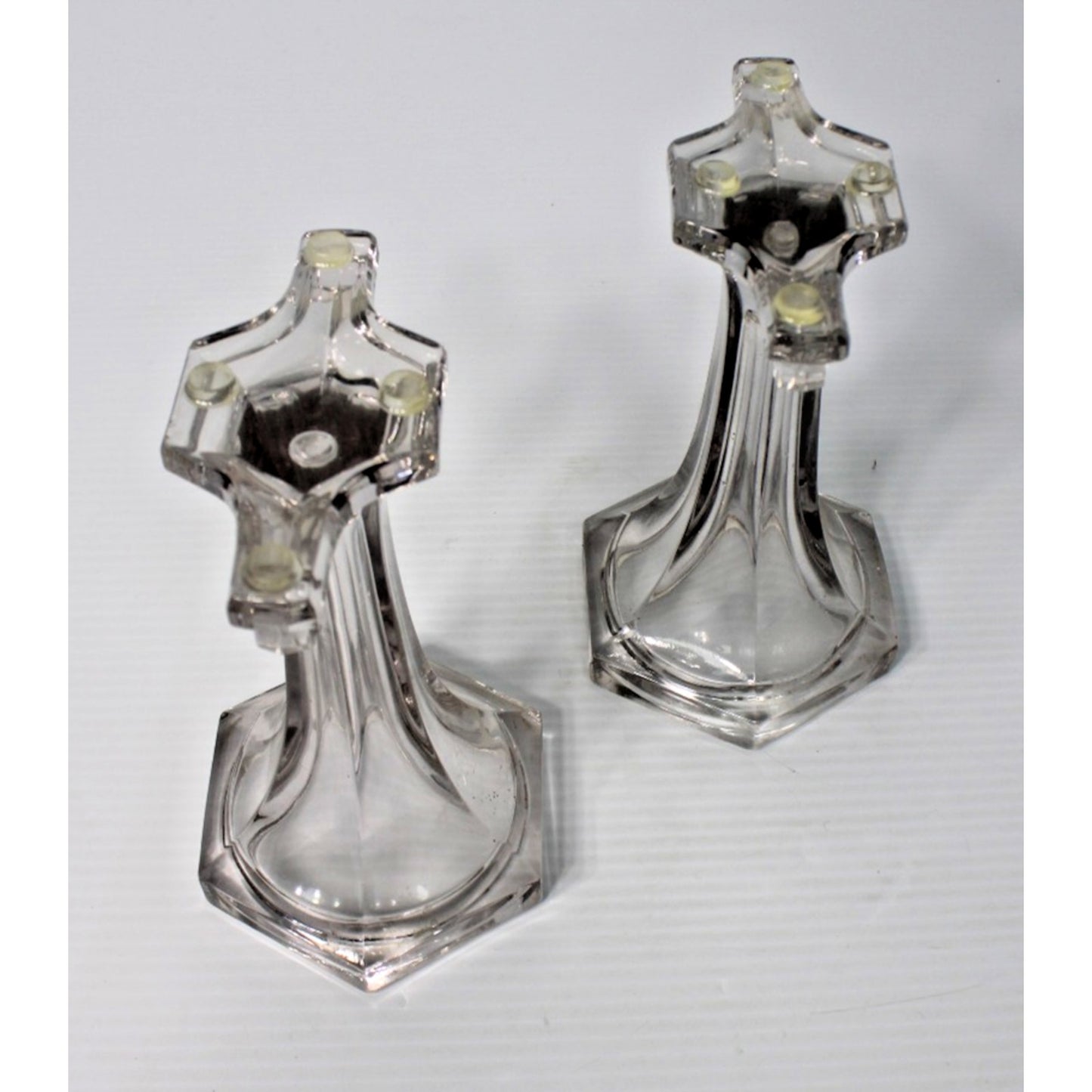 Antique Clear Glass Shelf Risers, Pedestals, Store Display Columns Pair 7-1/4"H