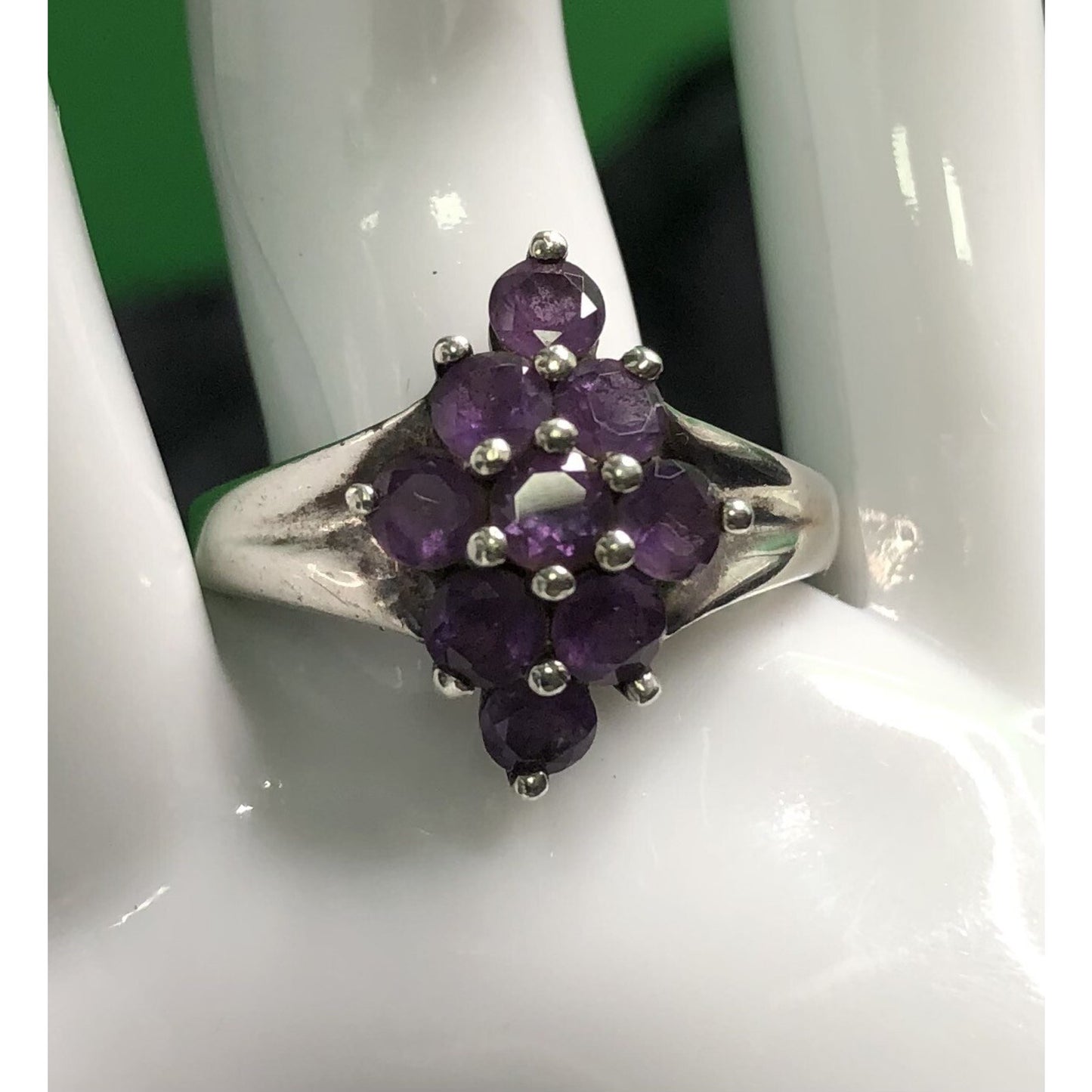 Vintage Amethyst Sterling Silver Ring Marquise Setting Round Stones