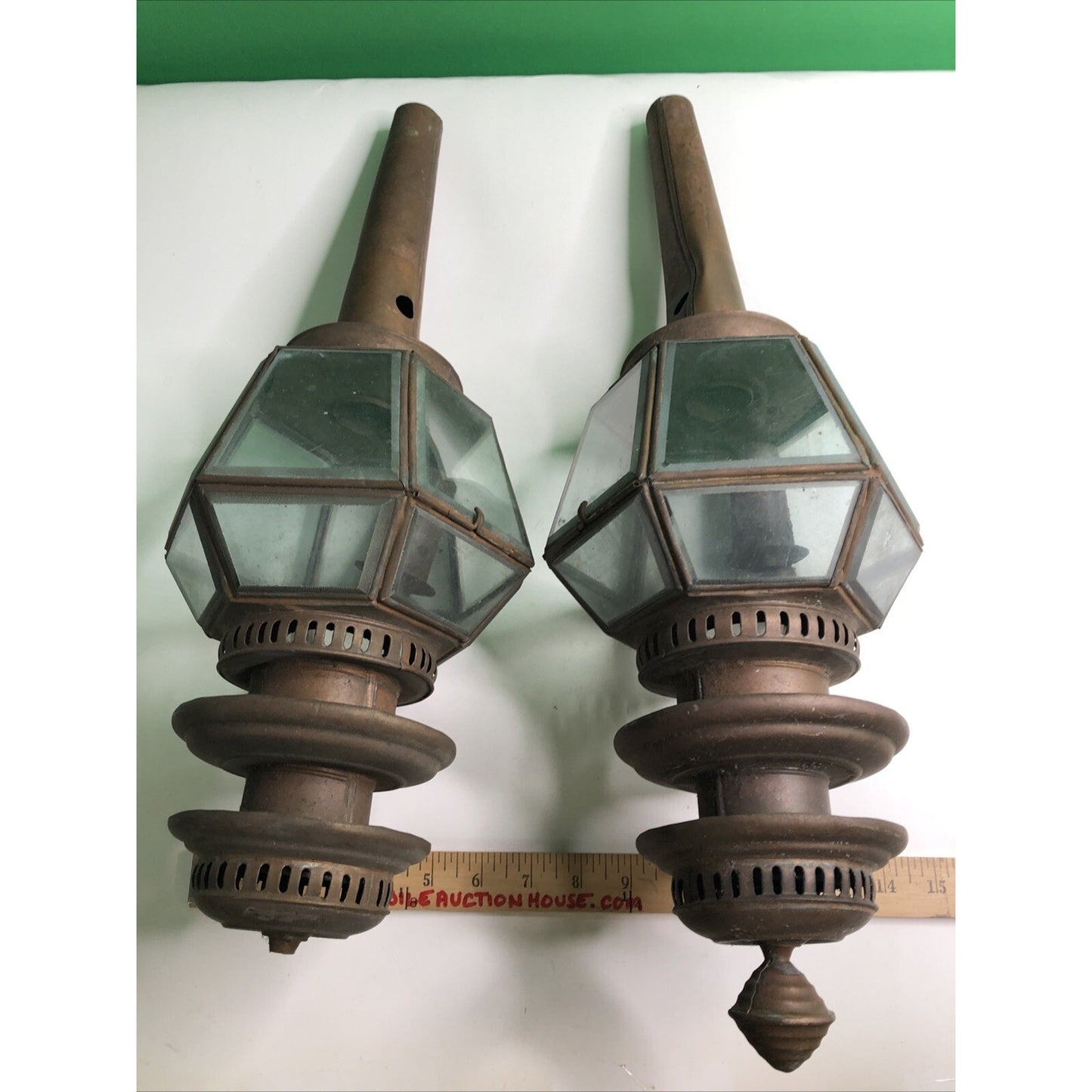 Pair Of Antique Copper Oil Carriage Lamps Buggy Lantern Lights Beveled Glass