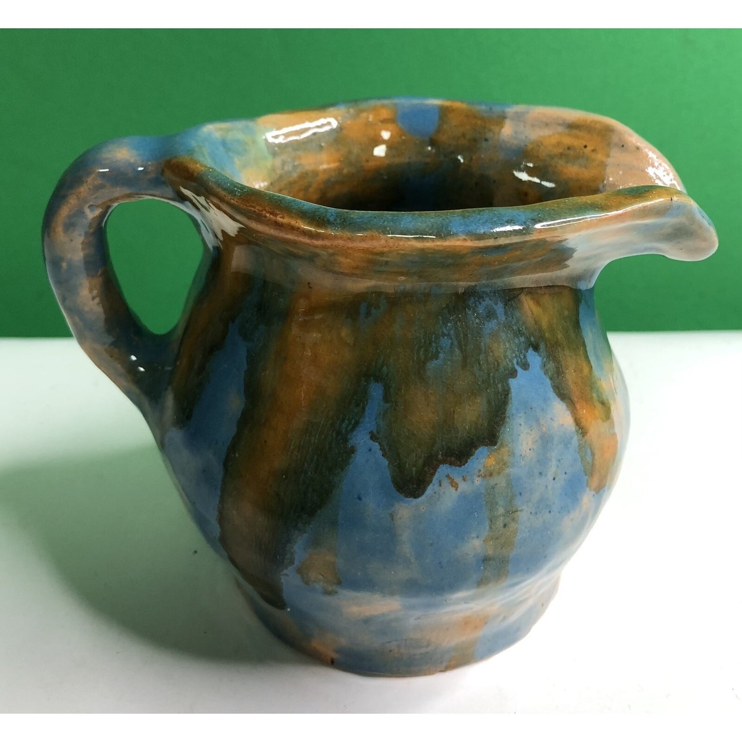 1940 Fairhope AL Art Pottery Pitcher Creamer By Georgia Drip Glaze Blue Orange