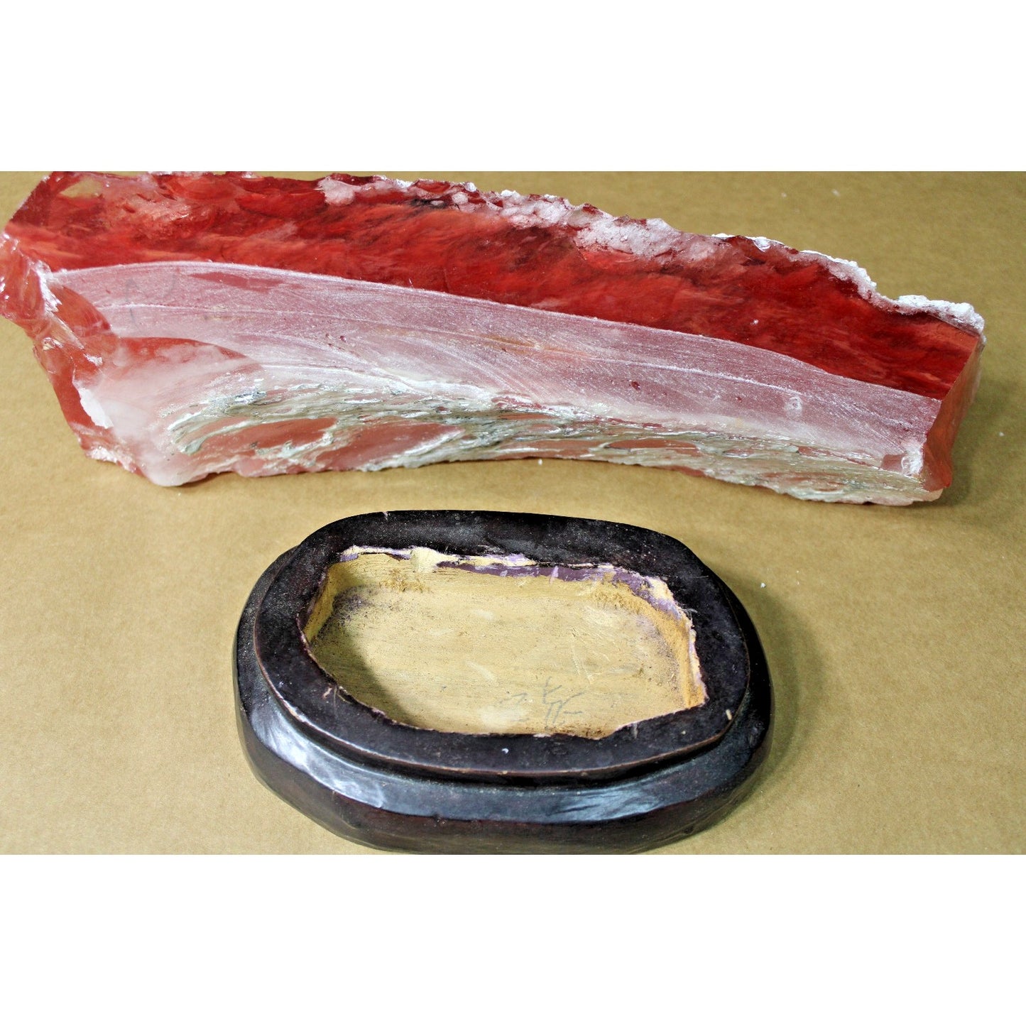Huge 15" Red Slag Glass Sculpture w/ Diplay Stand, Incredible Marbling & Clarity
