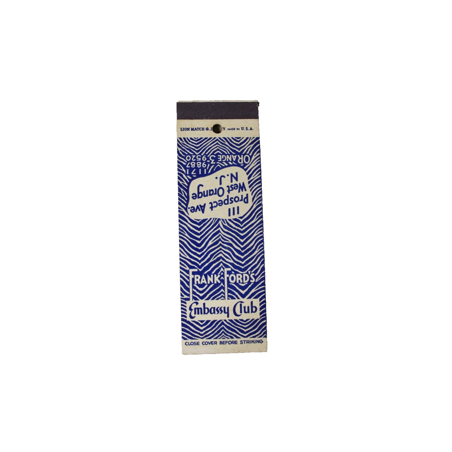 Vintage MidCentury Matchbook Frank Ford's Embassy Club, West Orange New Jersey