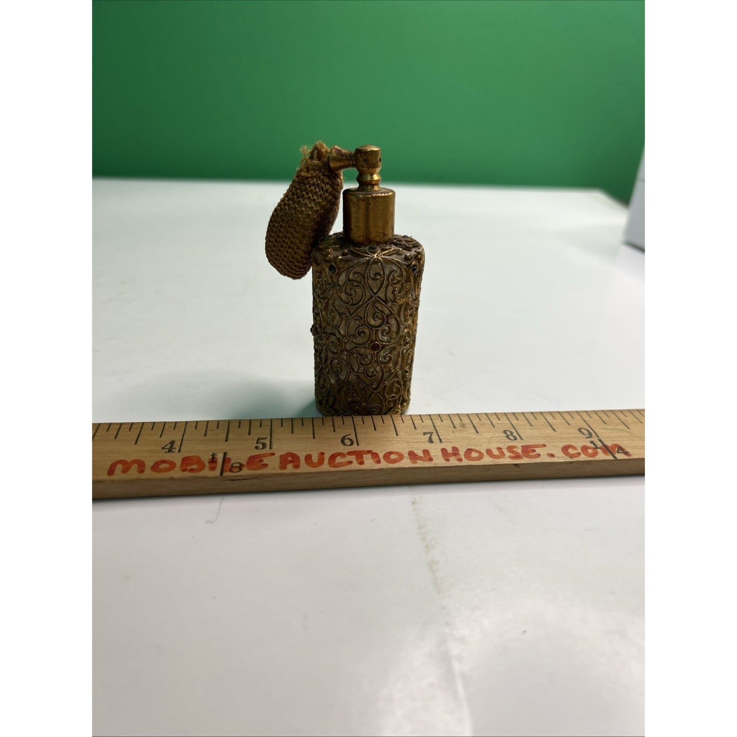 Vintage Gold Tone Perfume Bottle Filigree Ormolu Rhinestones Damaged Atomizer