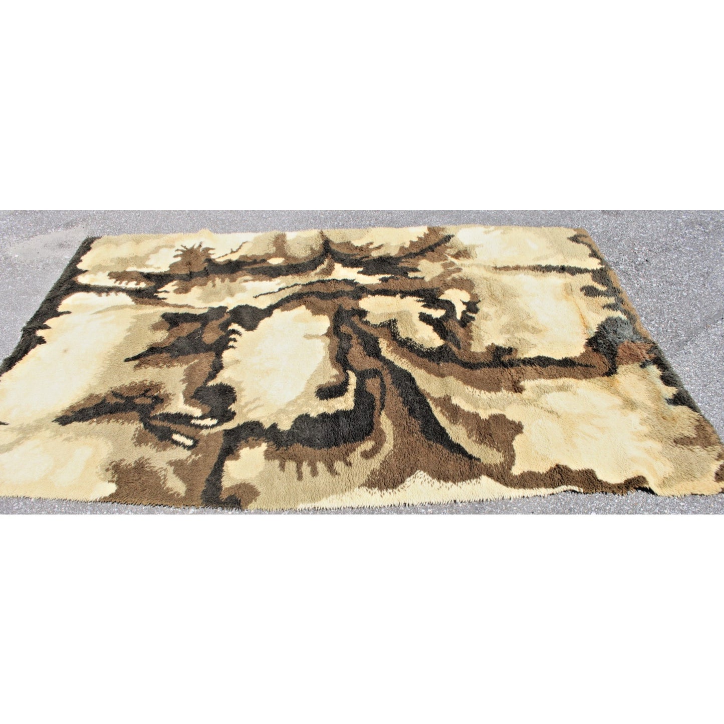 1970s Danish Modern Wool Rug by Ege Rya- 6' x 9' Tan Brown Shag Abstract Groovy