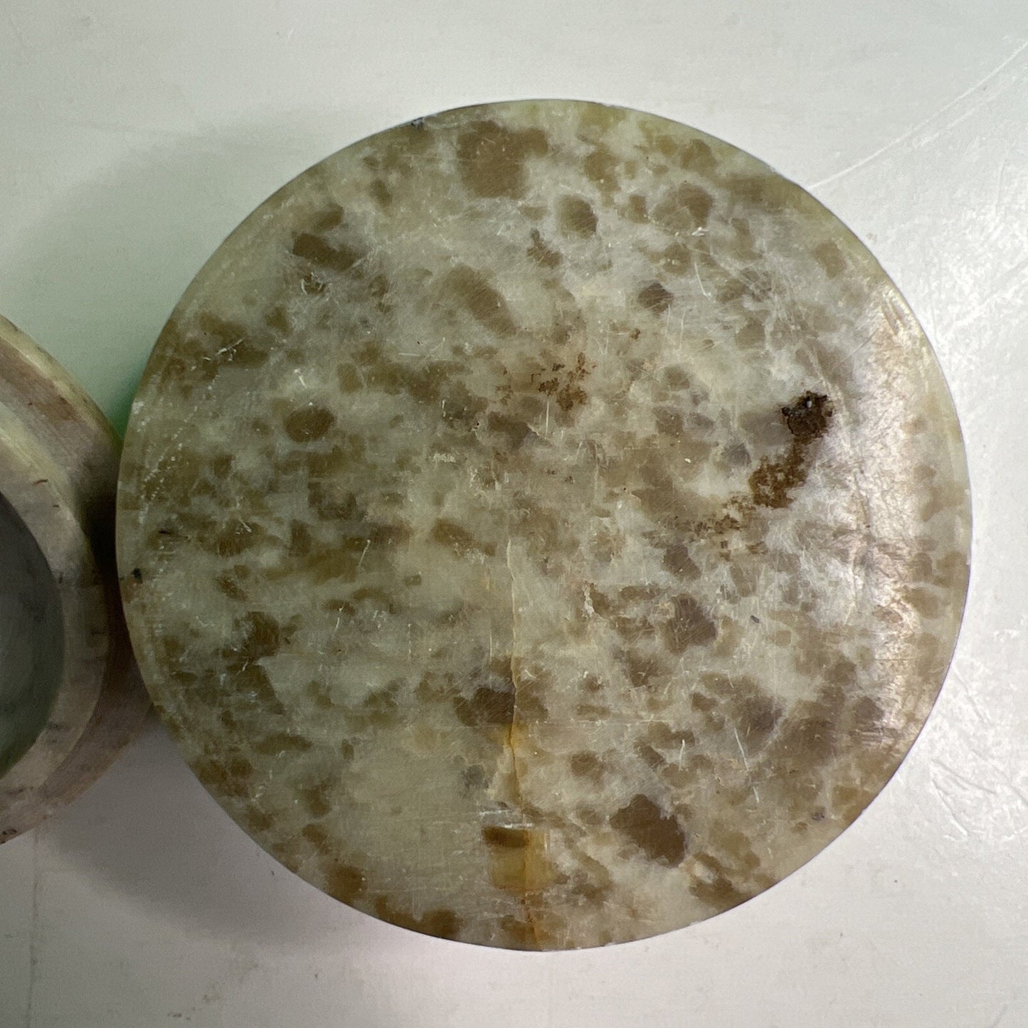Carved Soapstone Small Inlaid Round Box Trinket Vanity Natural Stone Lid