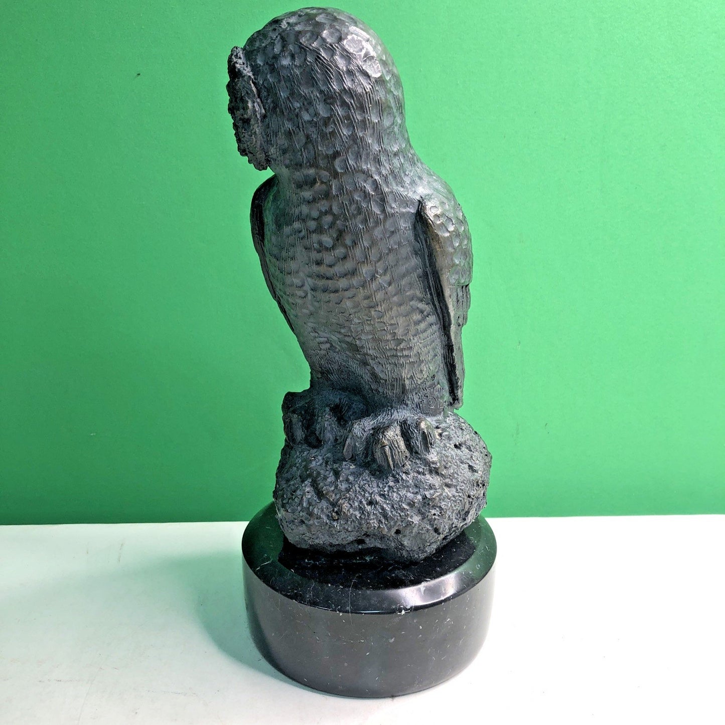 Realistic MCM Owl Bronze Sculpture Black Marble Base 11.25” Tall- 13 Pounds Bird