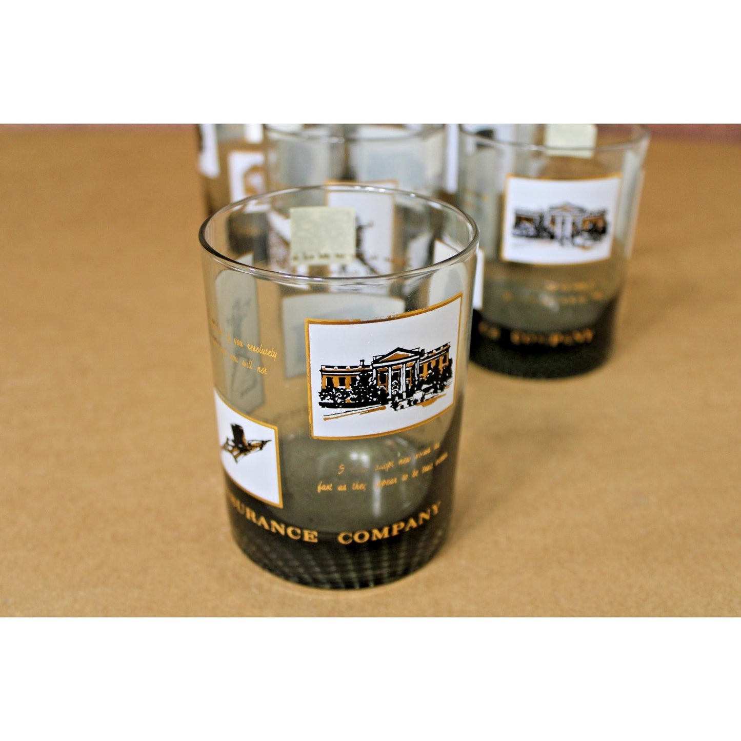 VTG Smoked Glass Gold Drinkware/ Whiskey Glasses, Lincoln National Life Advert.