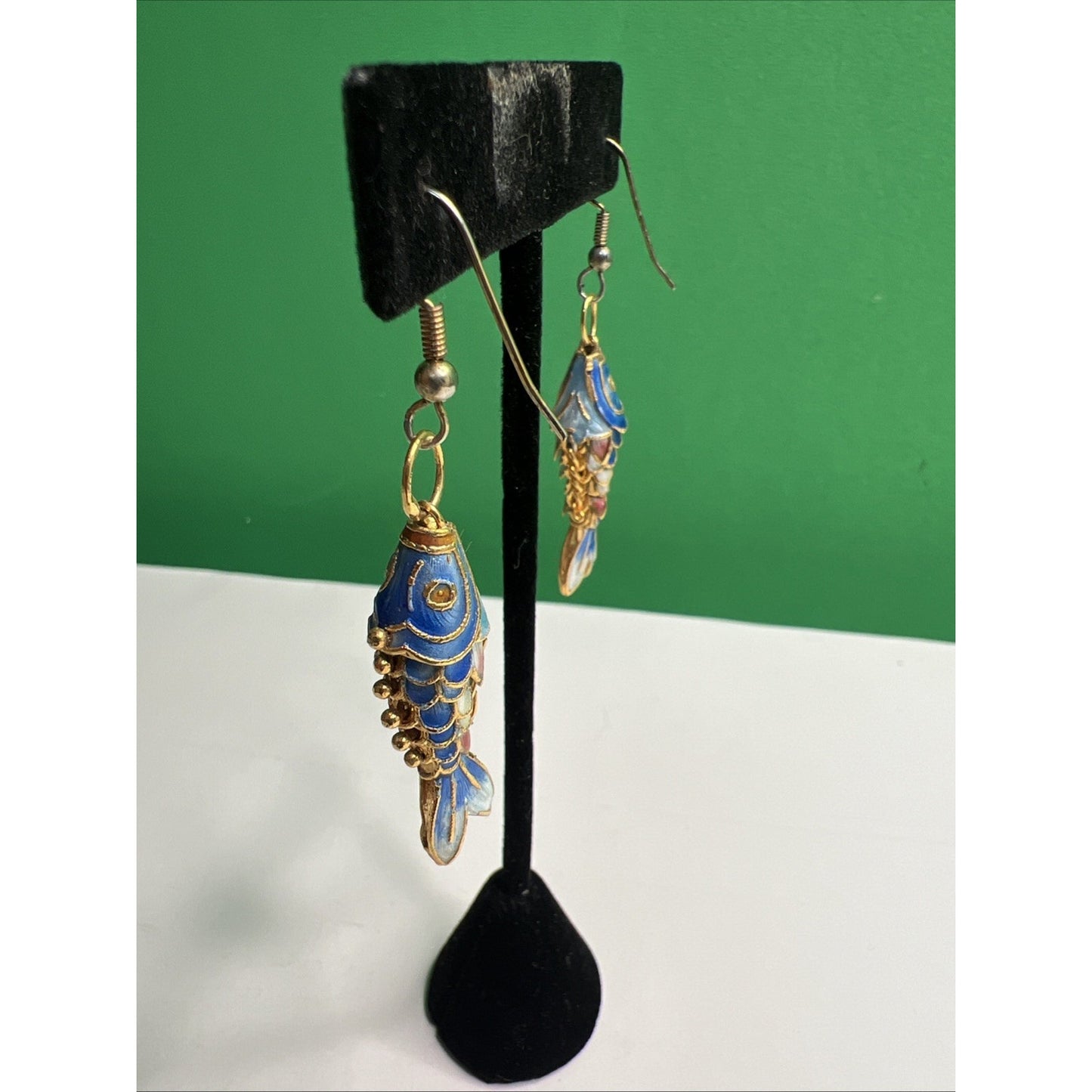 Vintage Articulated Cloisonné Guilloche Enamel Fish Earrings French Wire