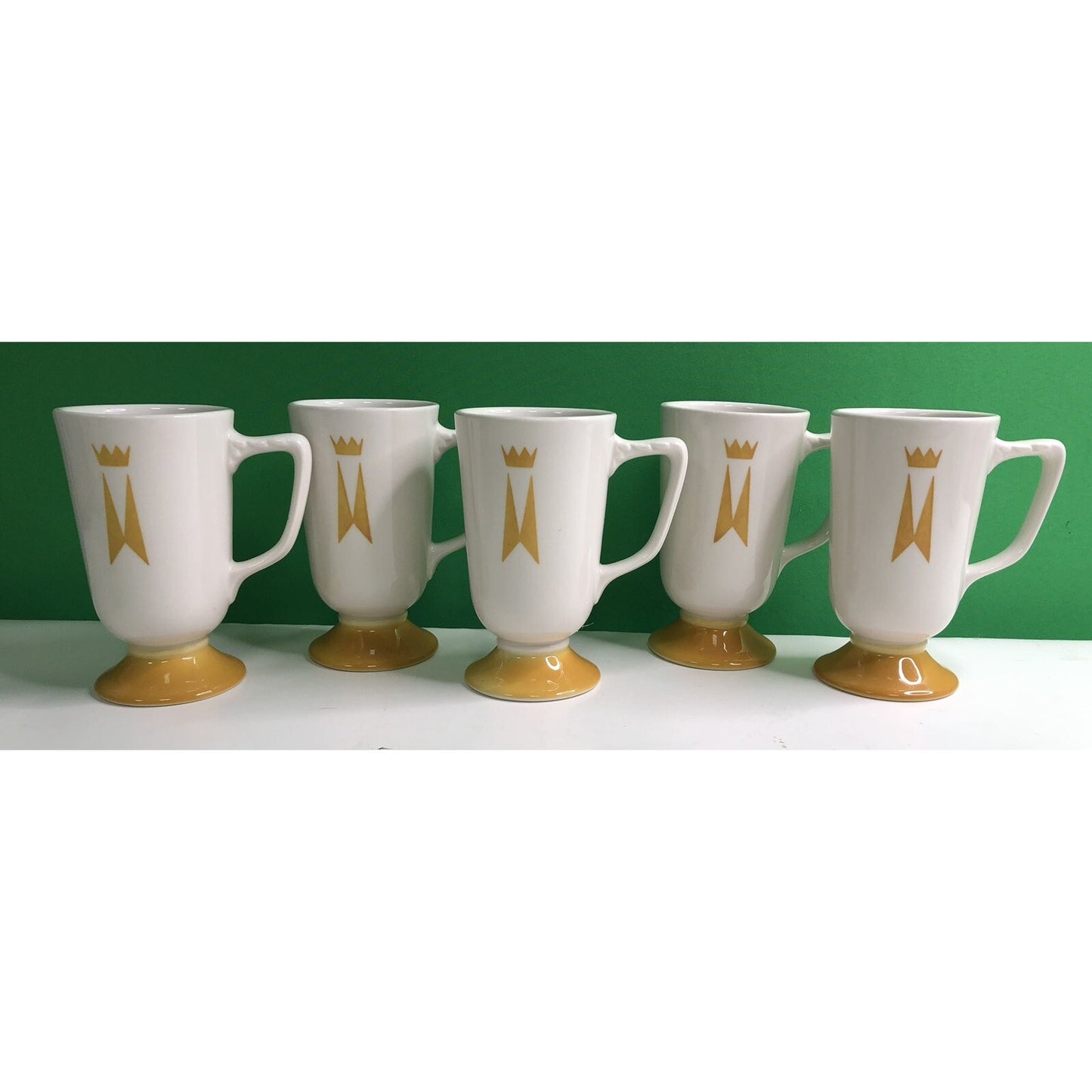 Set 5 Mid Century Homer Laughlin Marriott Gold Crown Footed Coffee Cups Mugs