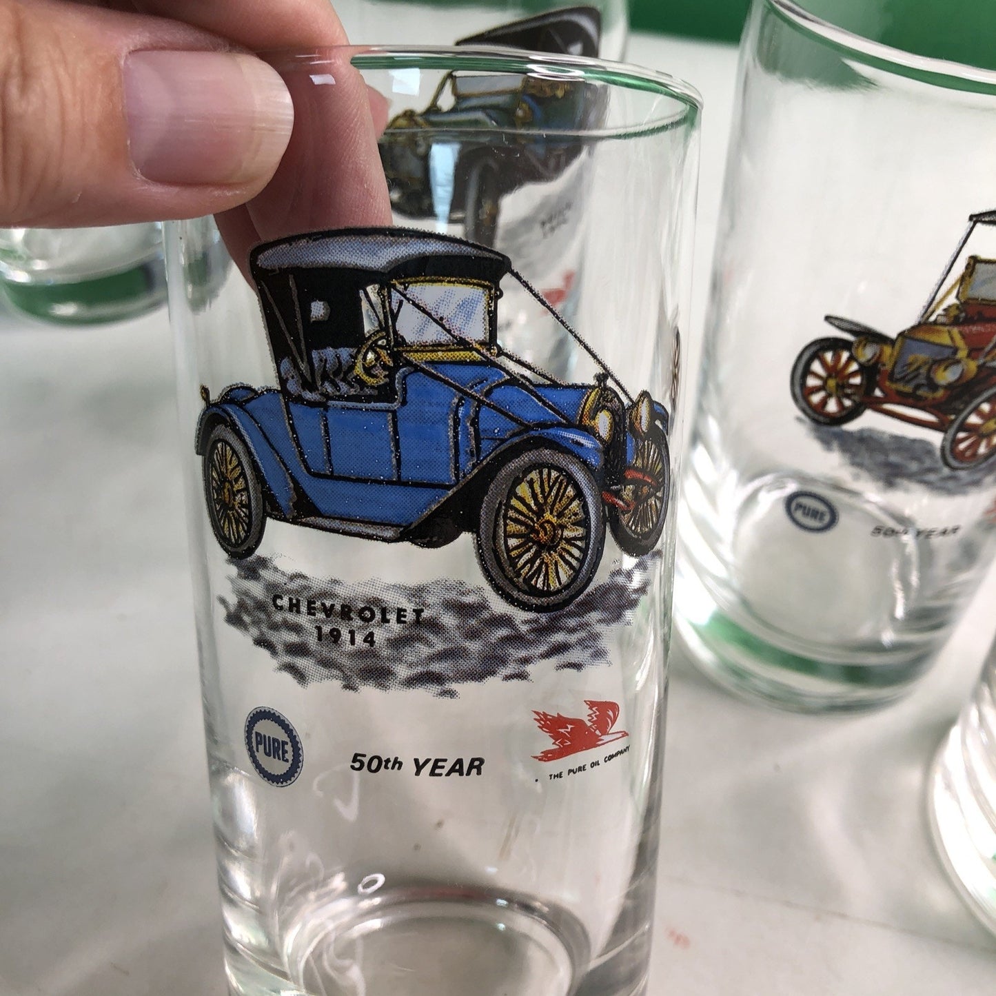 Set 6 Libbey PURE OIL COMPANY 50th Year GLASSES Tumblers Antique Classic Cars