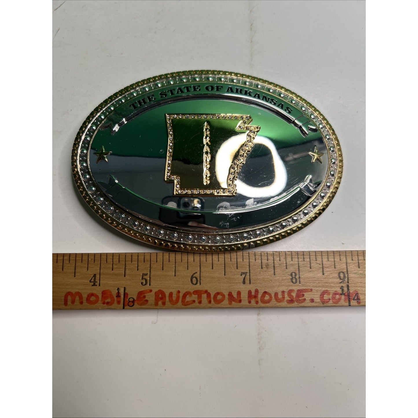 State of Arkansas Silver/Gold Tone Belt Buckle With Rhinestones Large 6” Wide