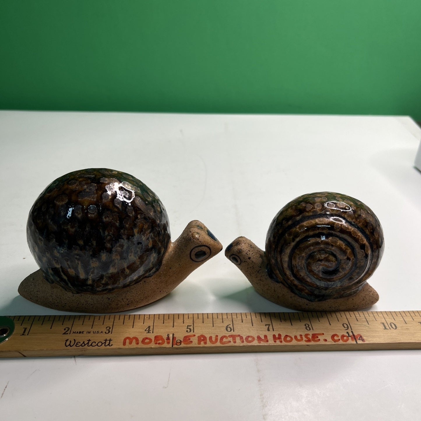 Lot 2 Pair Mexican Pottery Snails Marked Made in Mexico Snail Mottled Glazed