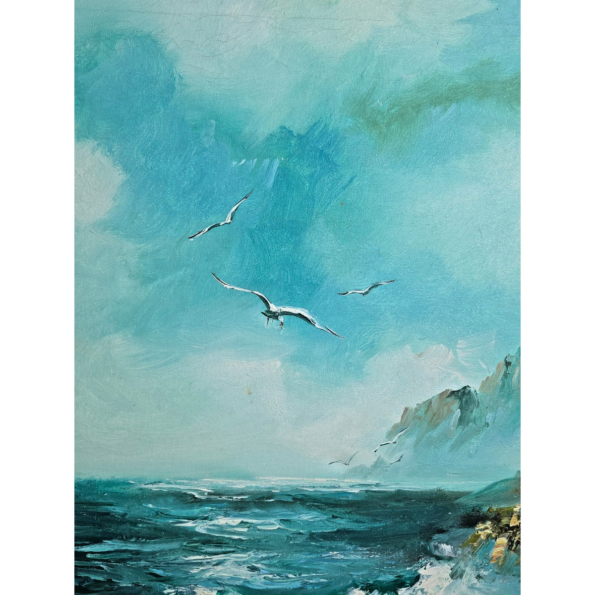 Vintage Impasto Seascape Painting Signed Dennis Mid-Century Silver Frame