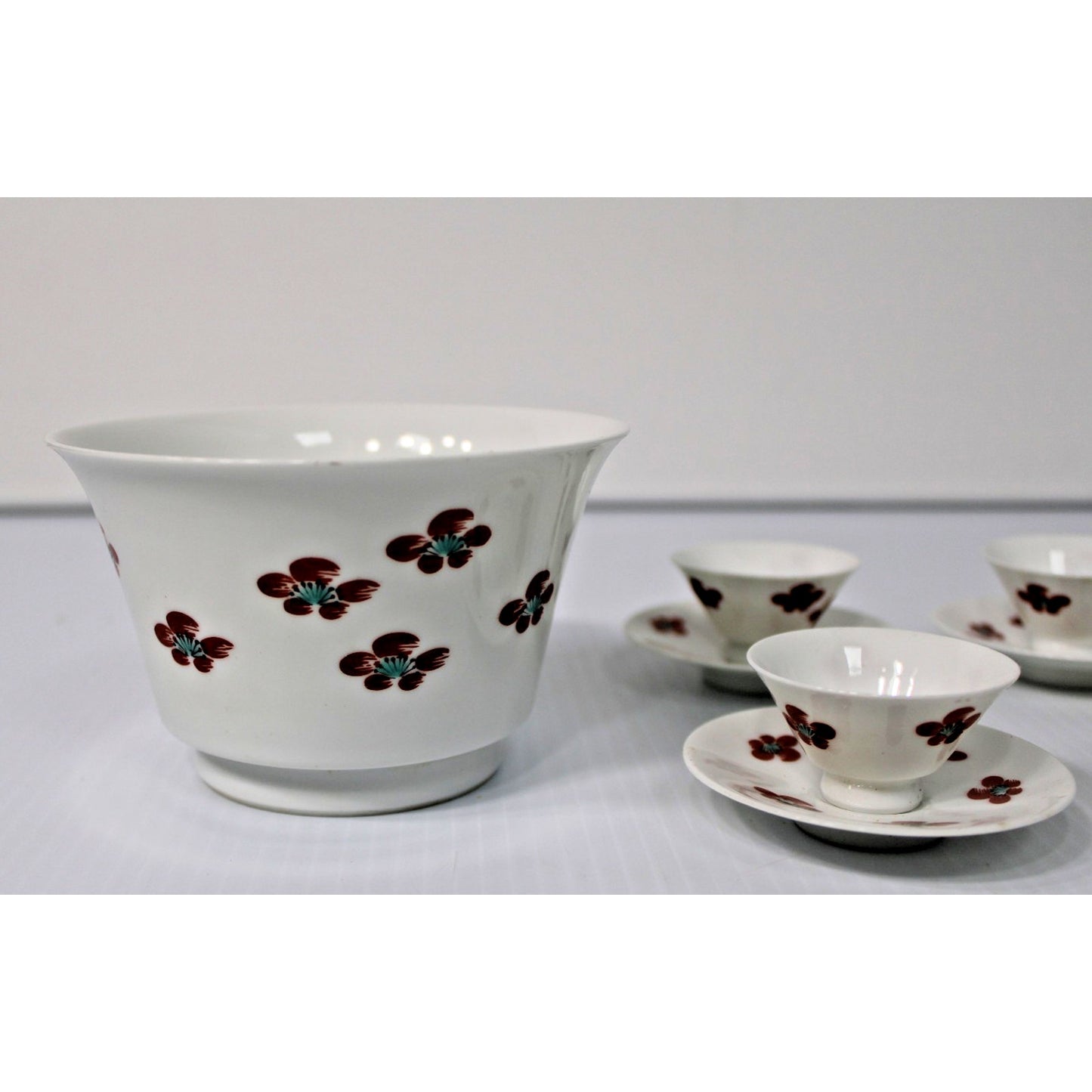 VTG 10-piece Fine Porcelain Sake Set, Plum Blossom Tokkur, Cups, Bowl, Saucers