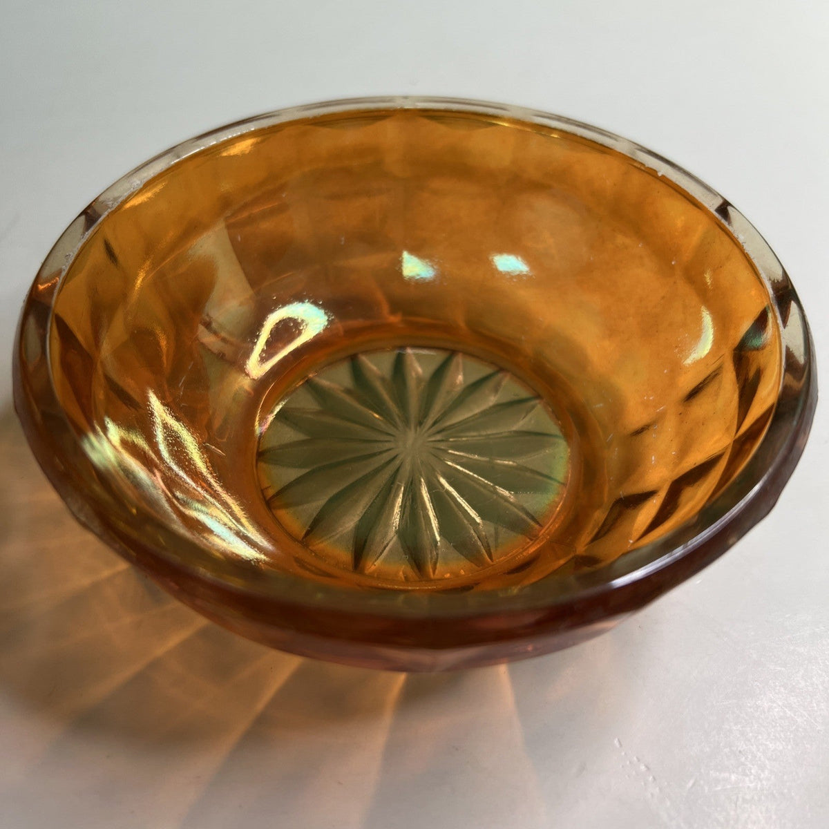 Marigold Carnival Glass 4” Berry Bowl With Block Design Clear Starburst Bottom